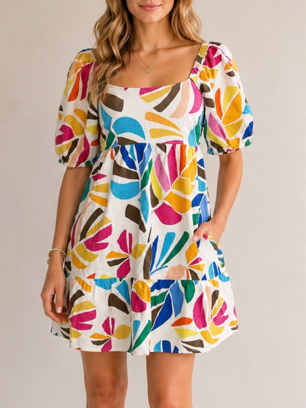 Tabitha Brown Linen Blend Puff Sleeve  Dress XS Colorful Tropical Print Pockets